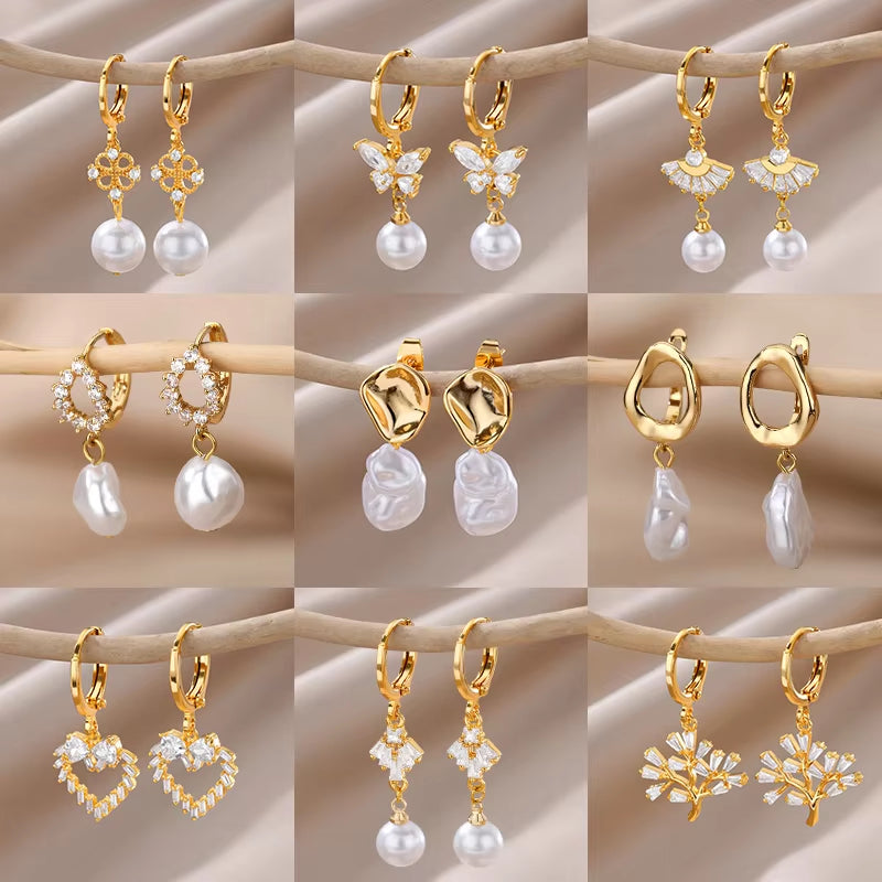 Zircon Pearl Earrings for Women 2023 Trending Stainless Steel Gold Plated Drop Earring Wedding Party Luxury Jewelry Bijoux Femme