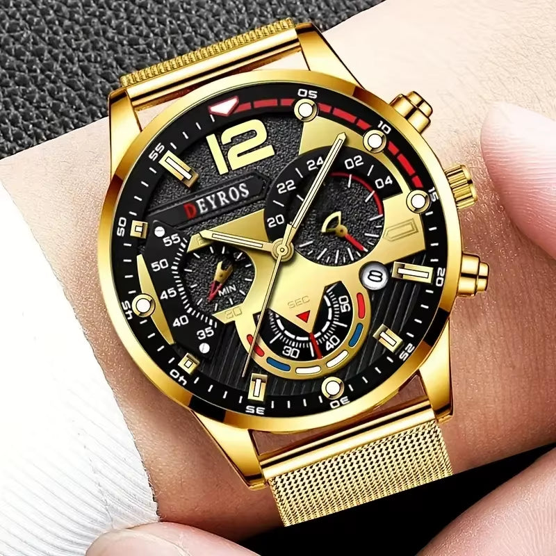 Fashion Mens Business Watches Luxury Stainless Steel Mesh Belt Quartz Wrist Watch Luminous Clock Men Casual Calendar Watch