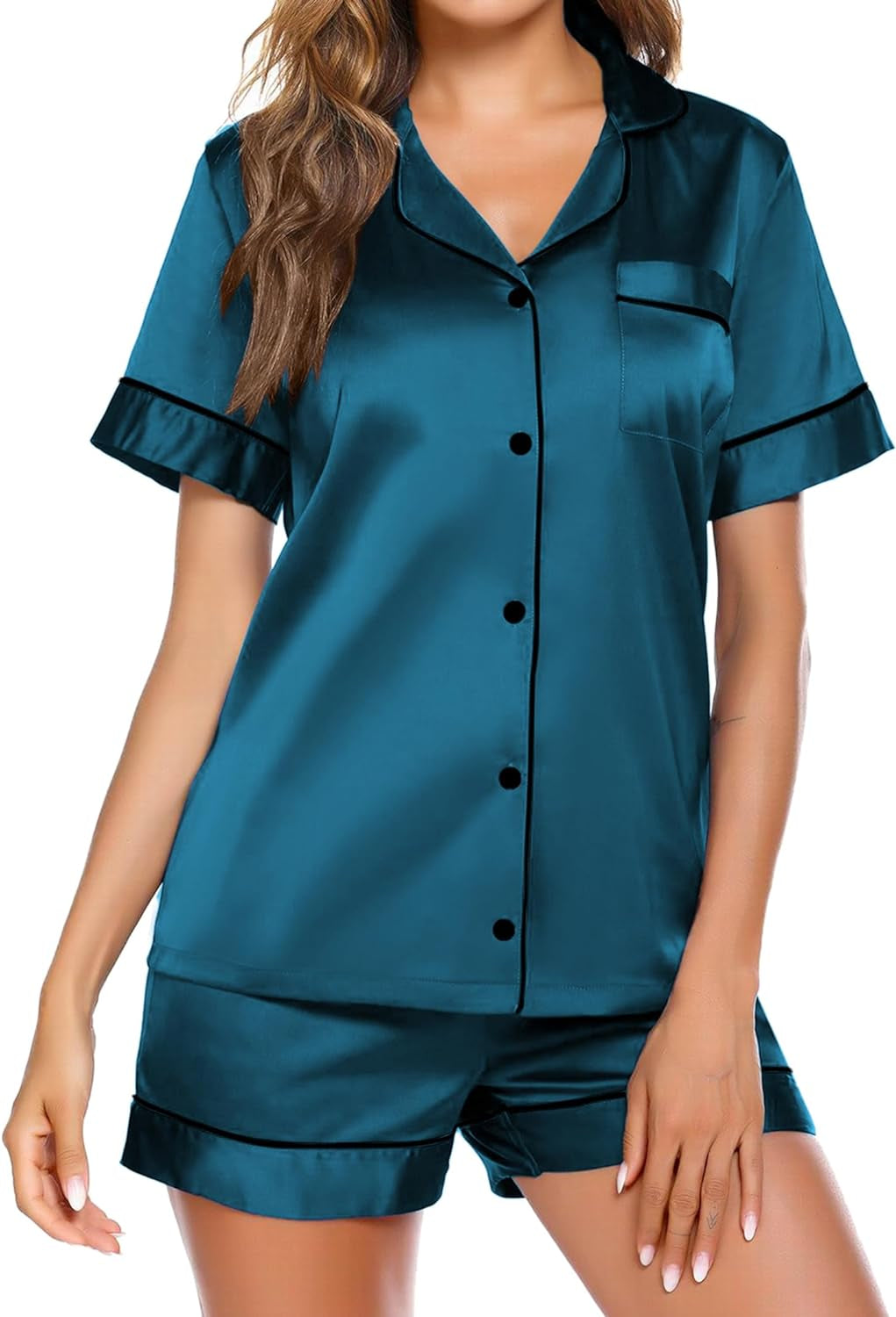 Satin Pajamas Women'S Short Sleeve Sleepwear Soft Silk Button down Loungewear Pjs Shorts Set S-XXL