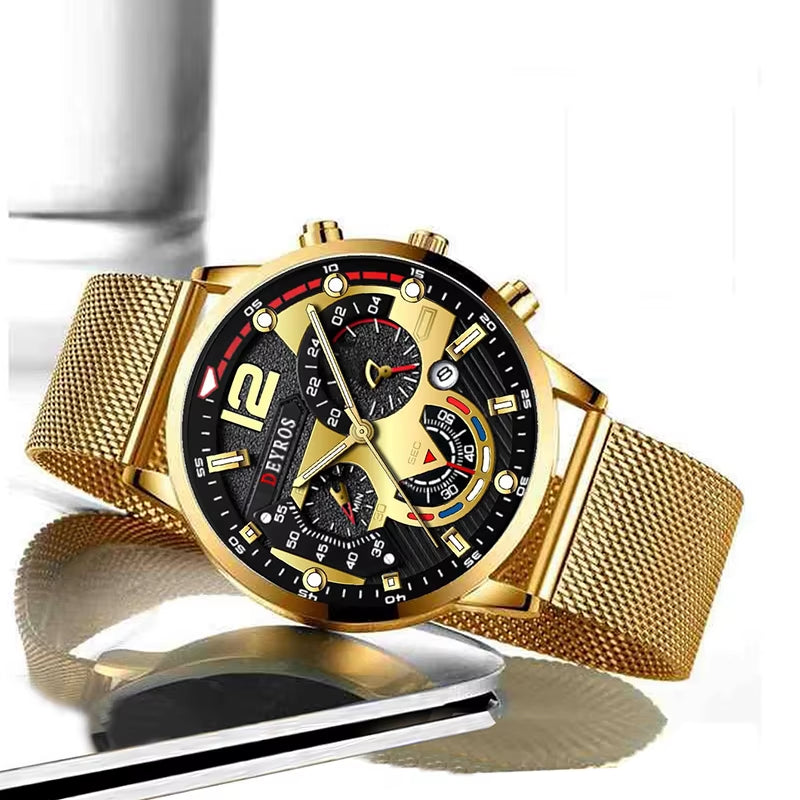 Fashion Mens Business Watches Luxury Stainless Steel Mesh Belt Quartz Wrist Watch Luminous Clock Men Casual Calendar Watch