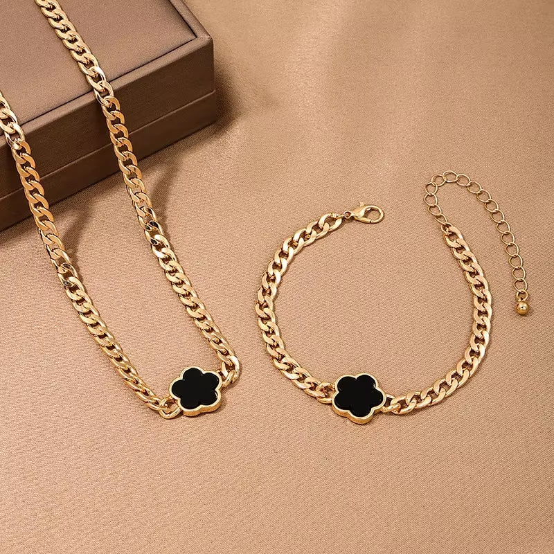 Simple and Fashionable Niche Design Geometric Hollowing Five Leaf Flower Bracelet Necklace Earrings for Girls Gift Jewelry Set