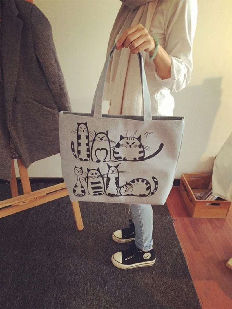 Cartoon Cats Printed Beach Zipper Bag Women Fashion Canvas Tote Shopping Handbags